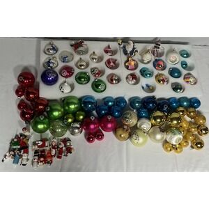 Mostly Vintage Lot of 70 Mixed Christmas Tree Ornaments Shiny Brite/Wooden/Misc